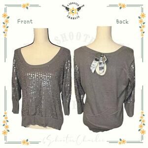 CANDIE'S Gray Sweater Festive Sequins Open Peekaboo Keyhole Back & Bow XL